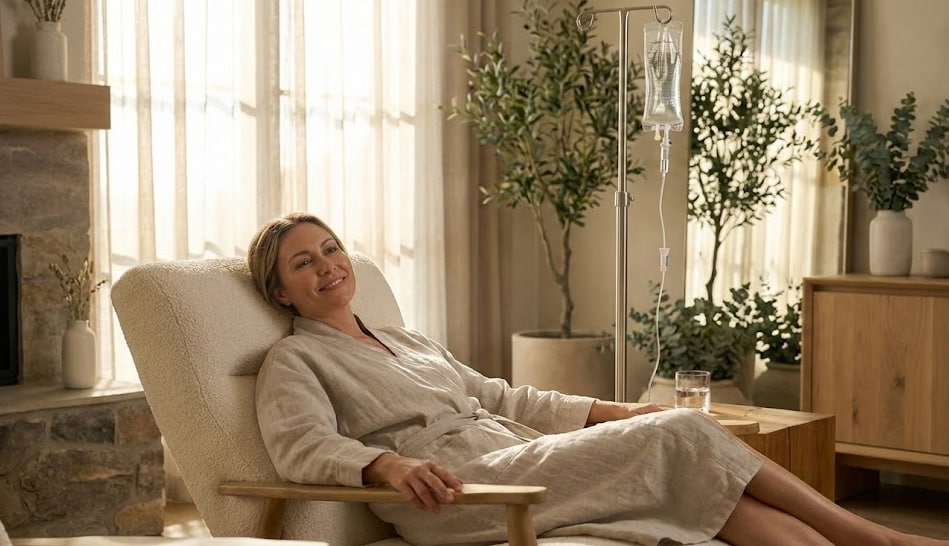 A person relaxing during a professional vitamin IV therapy session in a bright, modern wellness spa at LeVogue Med Spa.