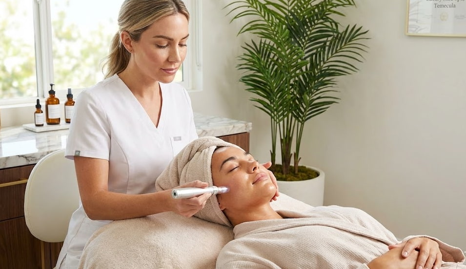 A professional microneedling treatment being performed on a client at LeVogue Med Spa in Temecula to improve skin texture and acne scars.