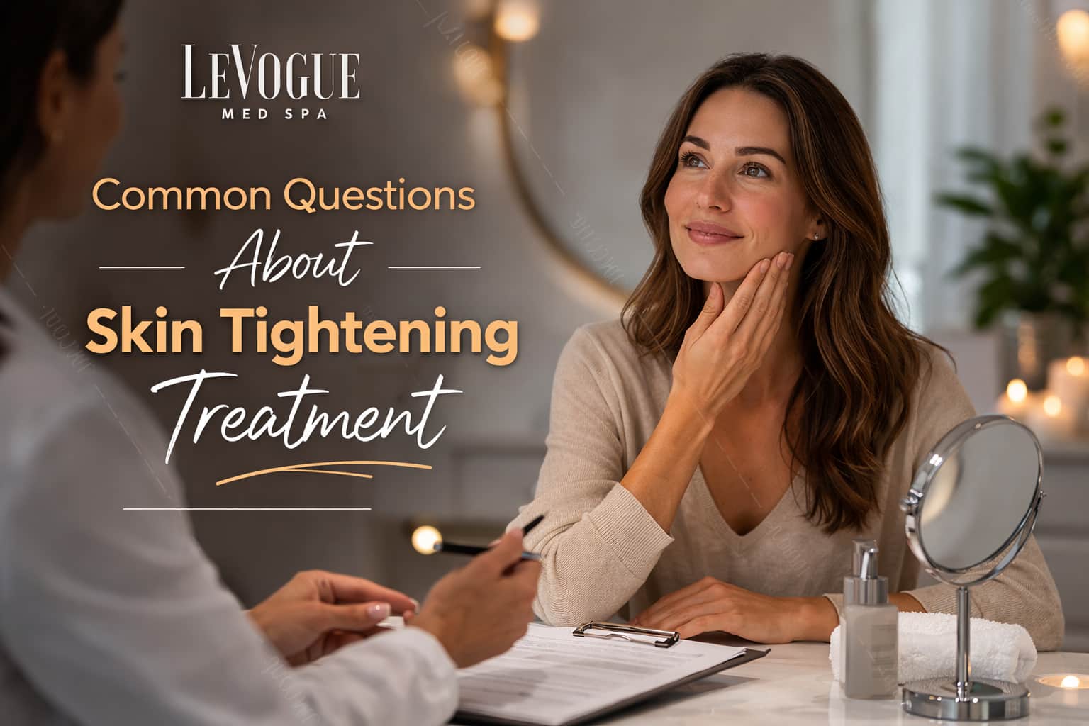 Med Spa Common Questions About Skin Tightening Treatment, featuring a calm, luxurious setting and a client consultation.