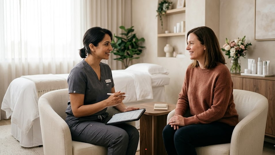 Licensed female provider consulting with a woman about vaginal rejuvenation treatment in a private Temecula med spa setting.