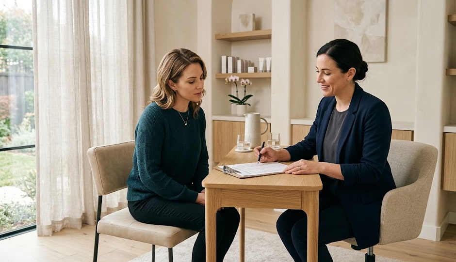 Woman arriving for a private vaginal rejuvenation consultation at a discreet med spa.