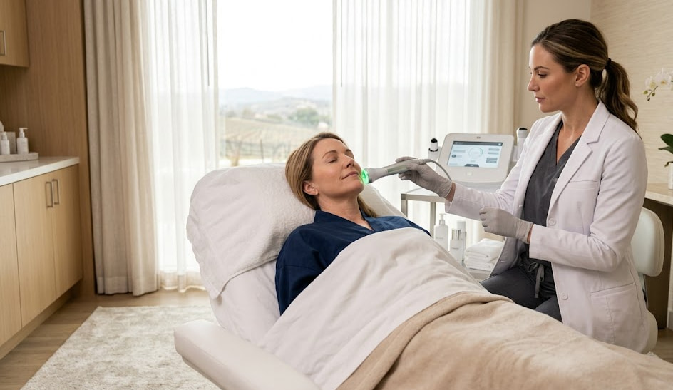 Woman receiving XERF RF skin tightening treatment in a luxury Temecula med spa.