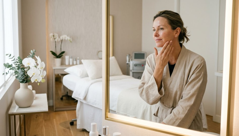 Woman checking her skin after XERF RF skin tightening treatment in a luxury med spa
