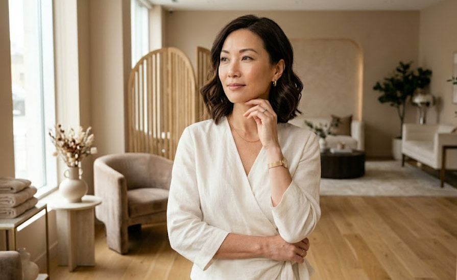 Woman showing firmer skin after XERF RF skin tightening treatment in a luxury med spa.