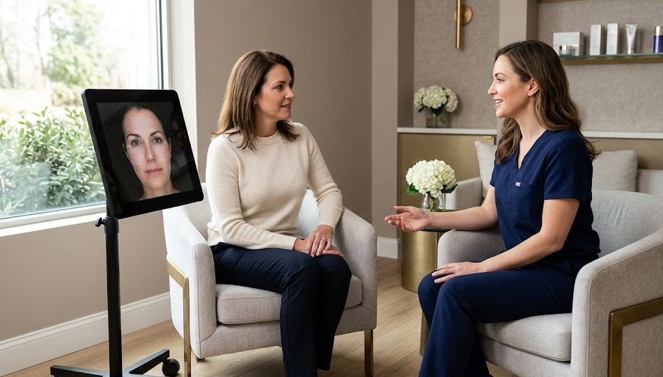 Woman reviewing XERF skin tightening candidacy with a provider during a med spa consultation.