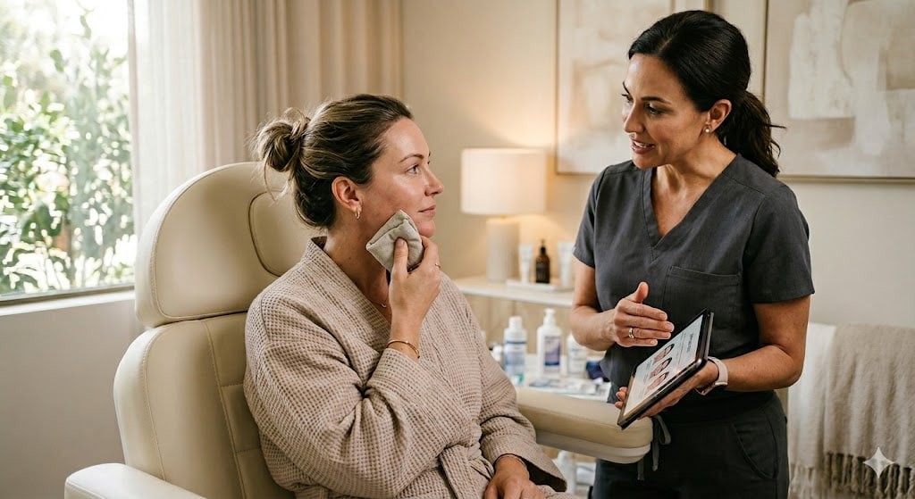 Woman in a med spa consulting with provider after PDO thread lift treatment with natural recovery appearance.
