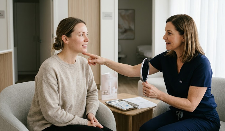 Woman in a med spa consulting with provider after PDO thread lift treatment with natural recovery appearance.