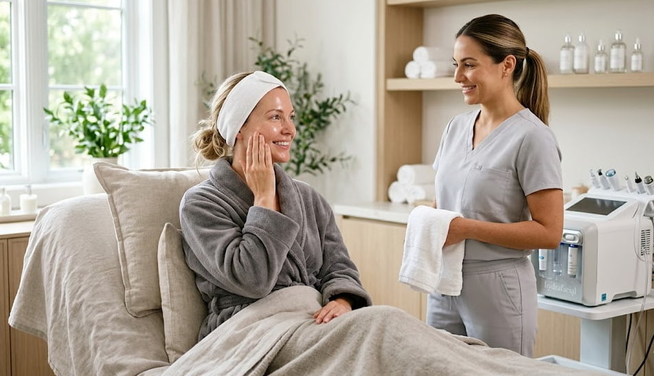 Client with fresh glowing skin after a HydraFacial treatment in a modern med spa room..