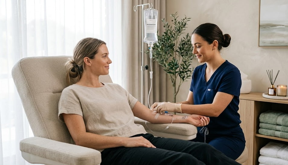 Woman relaxing during an IV therapy session at a modern med spa treatment room in Temecula.