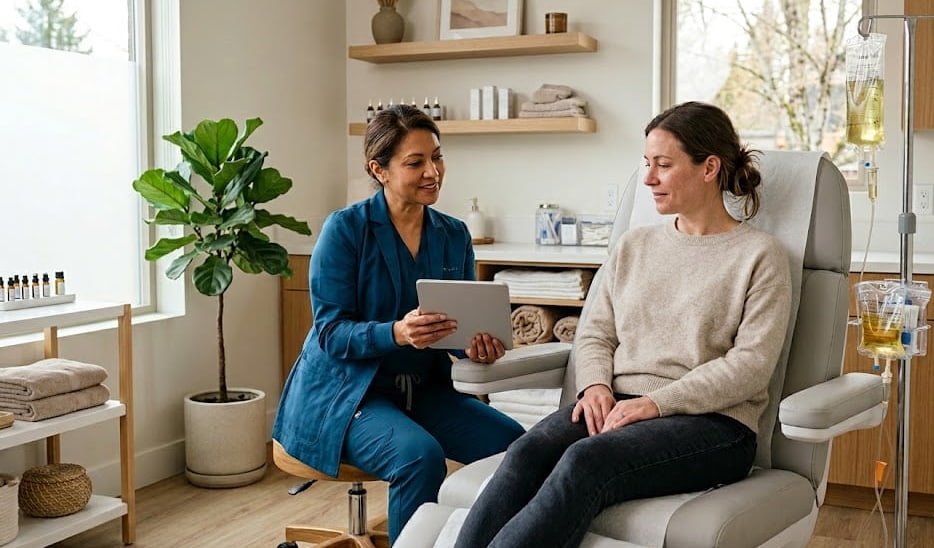 Adult client consulting with a provider before IV vitamin therapy in a modern wellness clinic.