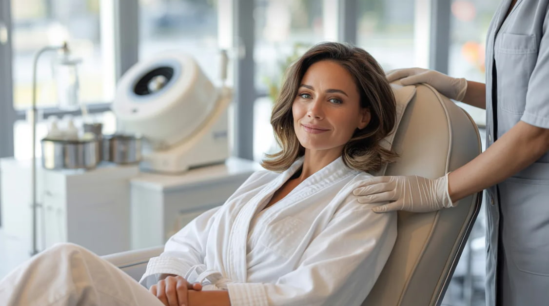 PRP treatment process with blood draw centrifuge preparation and natural skin rejuvenation in clinic setting.