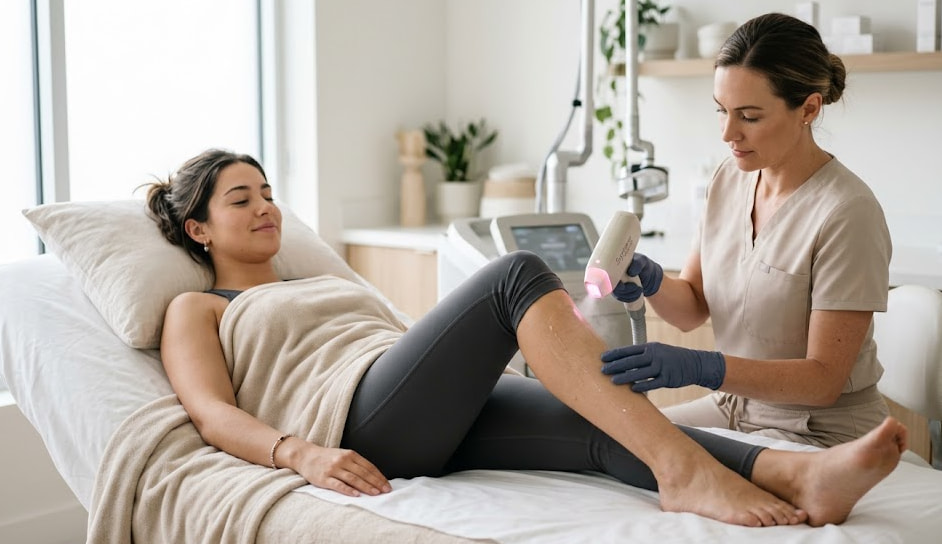 laser hair removal treatment process with cooling device and smooth skin in professional clinic setting.