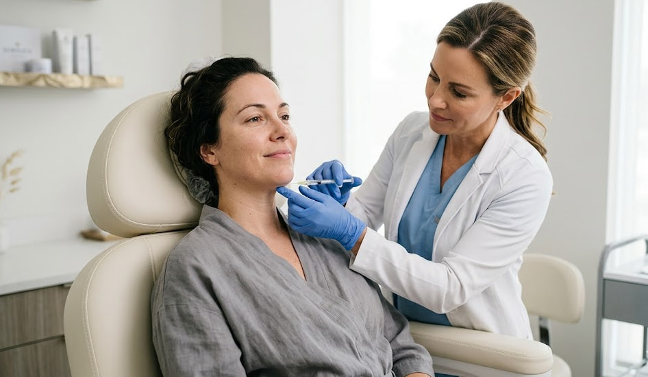 Kybella treatment under chin showing fat reduction process and jawline contouring in professional clinic setting.