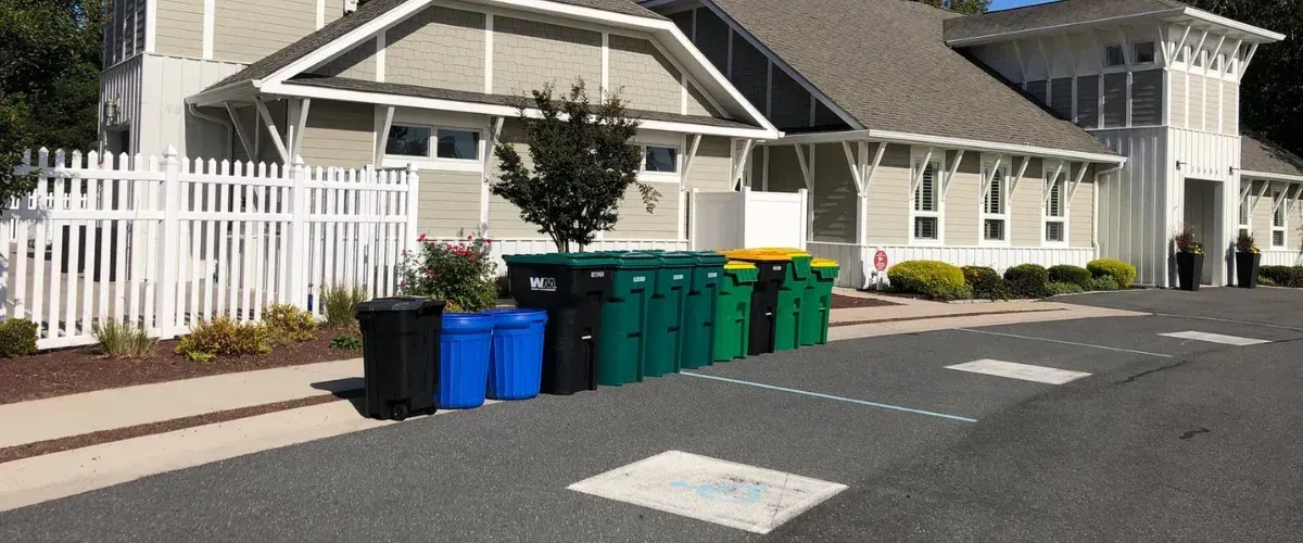 Curbside trash cans lined up outside homes in Cecil County before professional trash can cleaning service
