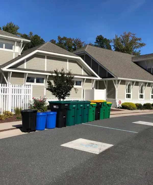 Various recycling and trash bins lined up outside a residential complex.