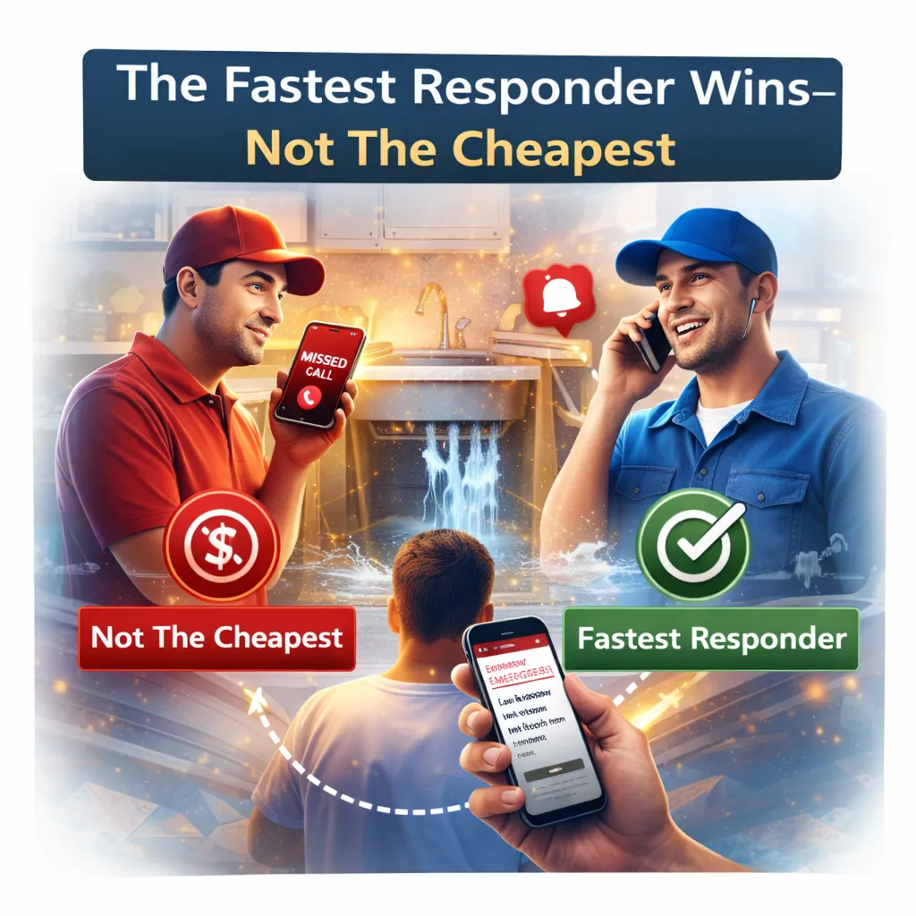 Comparison showing AI smart website responding instantly to an emergency service request while a competitor misses the call, highlighting faster lead response for home service businesses