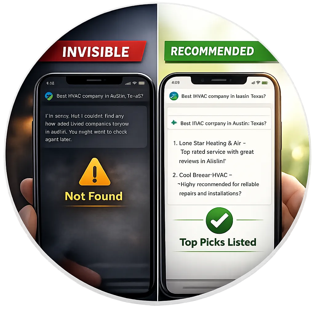 Circular illustration showing HVAC company invisible vs recommended in AI search results on ChatGPT and Gemini, demonstrating AI SEO visibility optimization