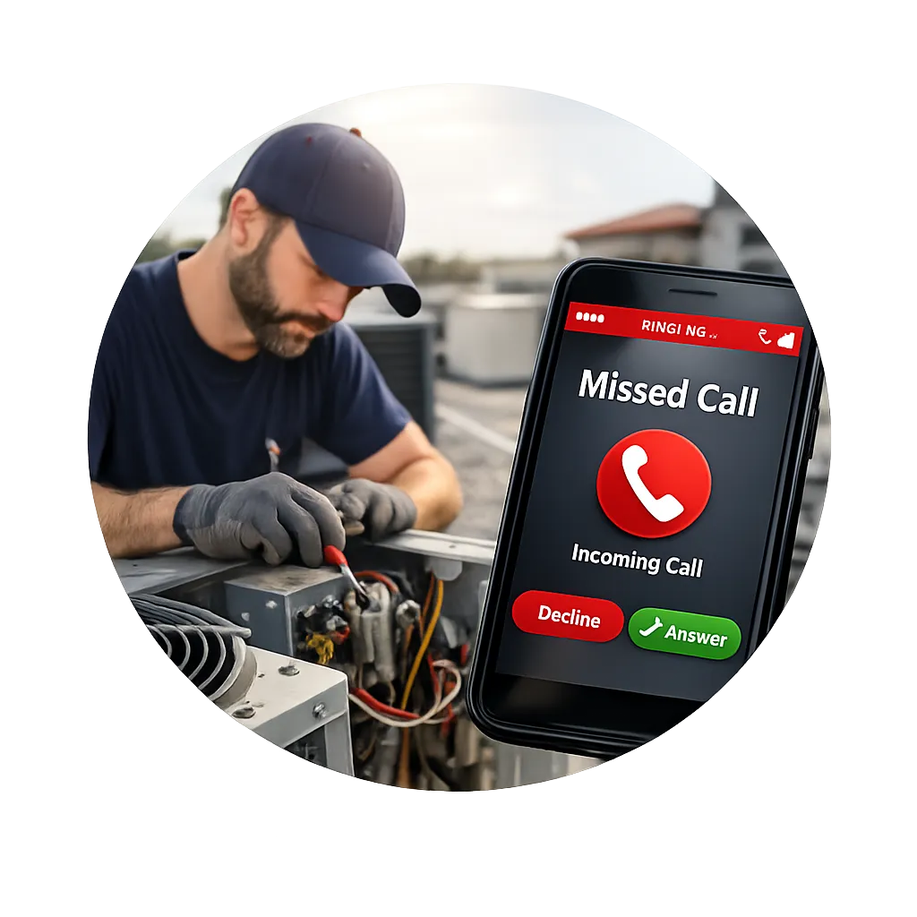HVAC technician missing incoming customer call while working, demonstrating how an AI voice agent captures lost HVAC leads automatically