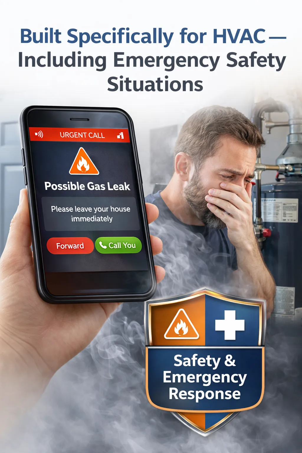 AI voice agent detecting HVAC gas leak emergency and instructing homeowner to evacuate while escalating urgent service call