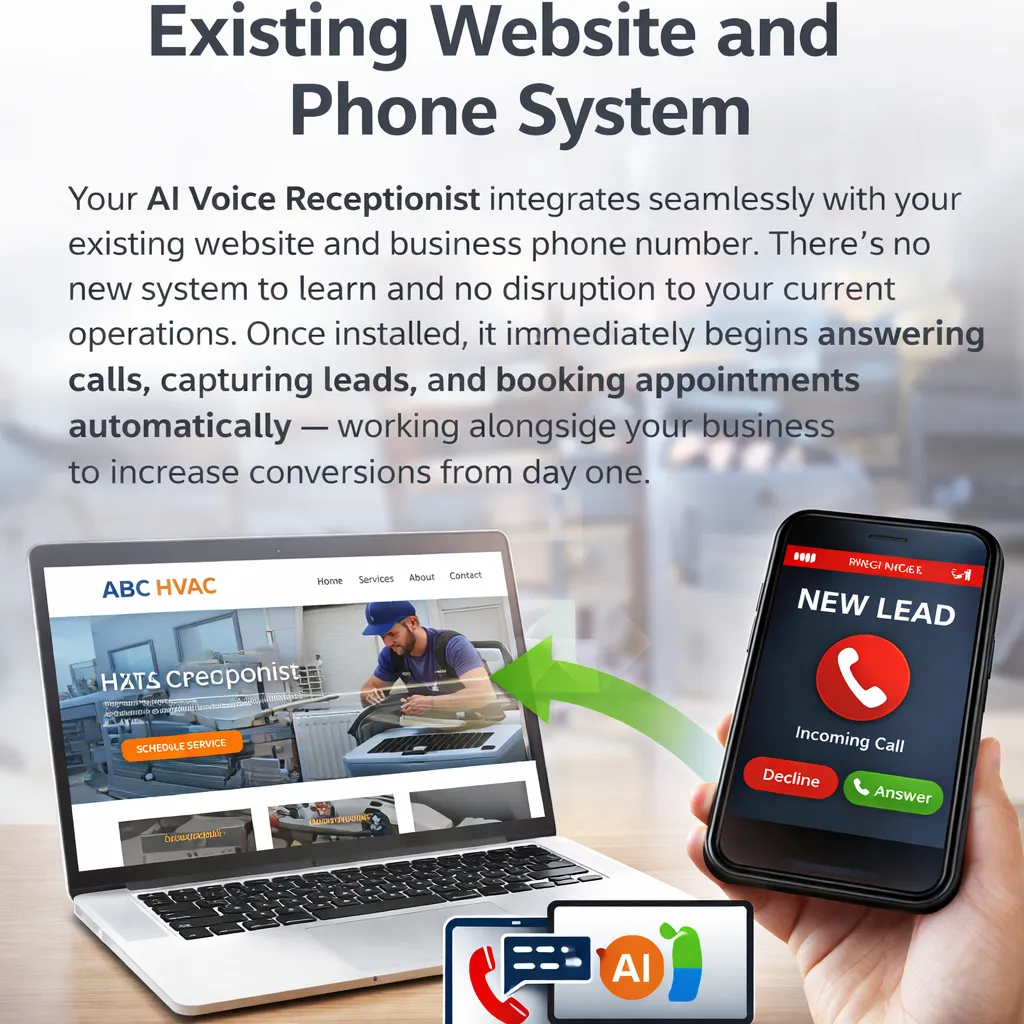 AI voice receptionist integrated with HVAC company website and phone system to capture leads and book service appointments automatically