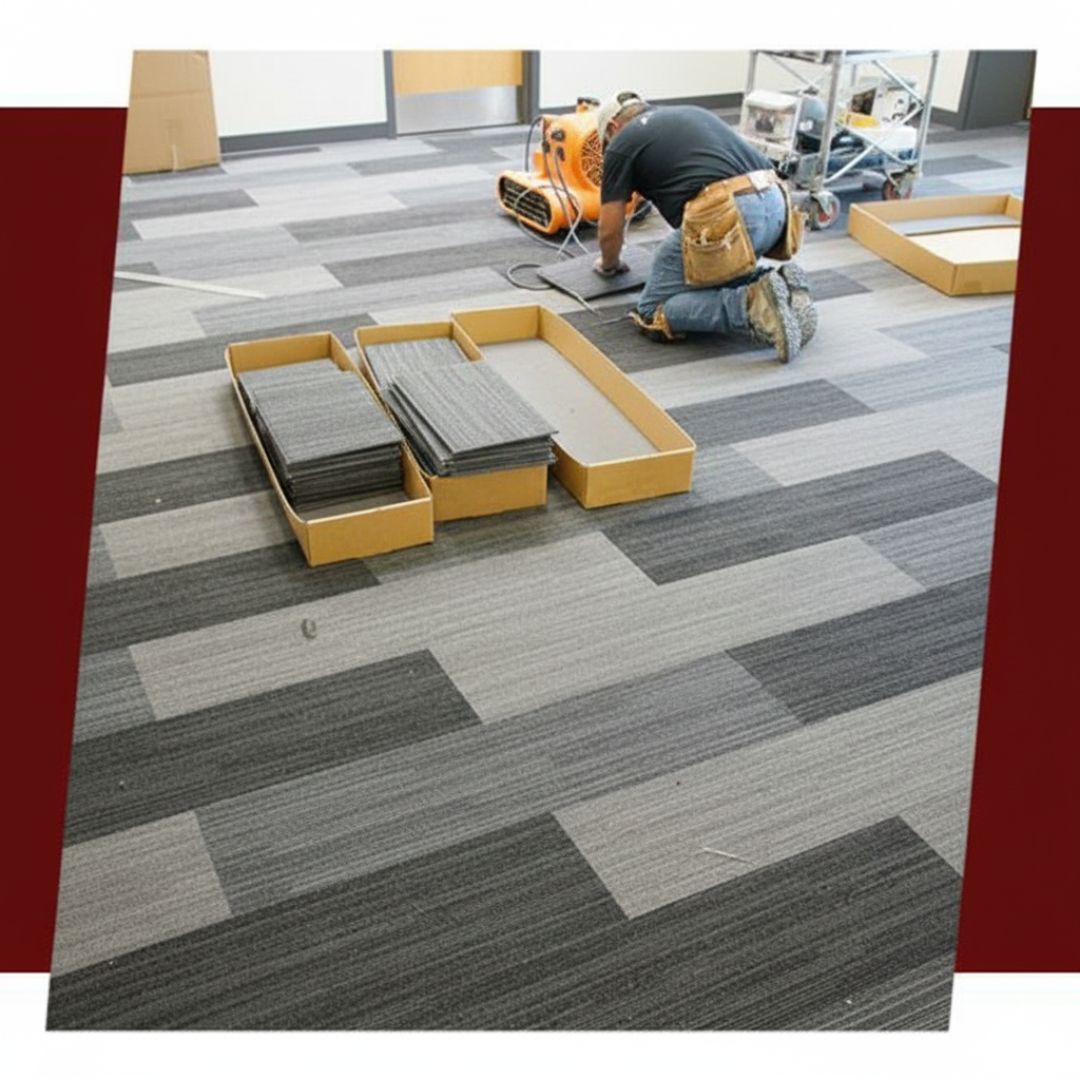 Beyond Cleanup: ABC Restoration in Conroe, TX, doesn't just dry out the damage—we rebuild! Our reconstruction services include professional flooring installation, like this commercial carpet tile project. If your Conroe property requires full-service restoration and rebuild after water or fire damage, trust the experts who manage the job from start to finish.