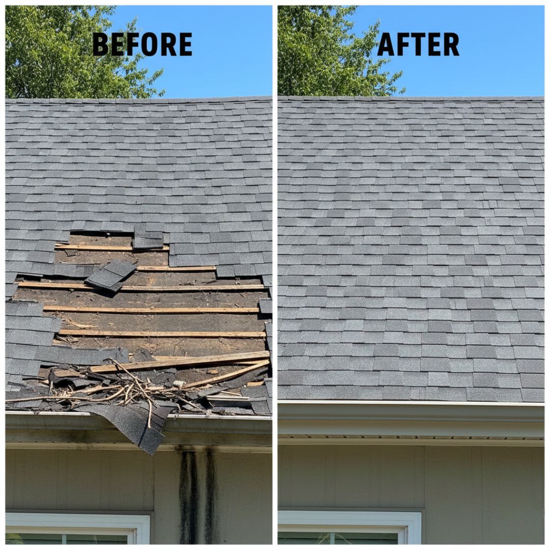 Storm Damage Repair in Conroe, TX: Look at the difference! ABC Restoration handles complete roof repair and replacement after severe wind damage. We work with your insurance to quickly and professionally restore your home's integrity, ensuring a watertight finish. For reliable roofing restoration services in the Conroe and Montgomery County area, call us first.