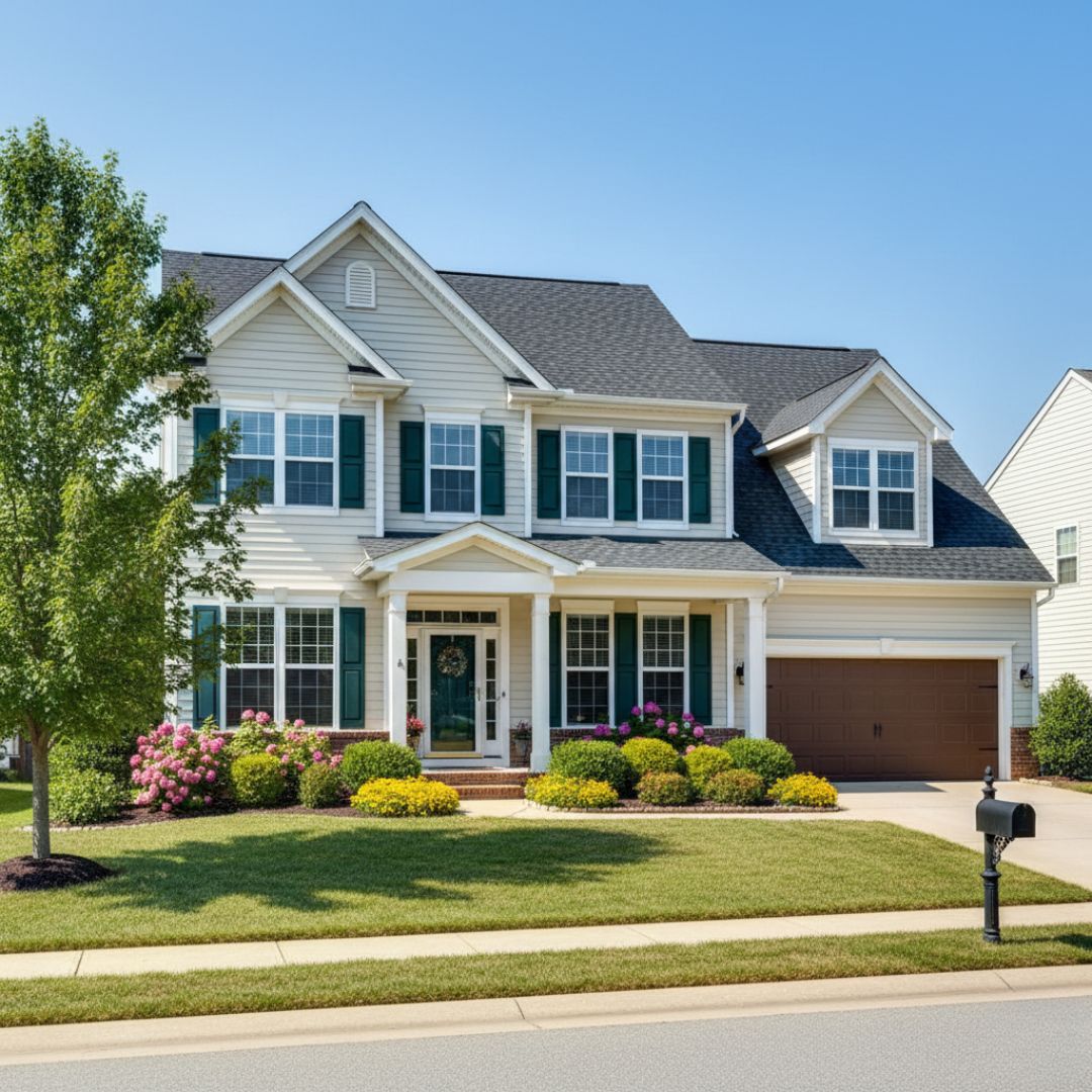 Conroe Texas suburban house restoration example. Two-story home siding and roofing repairs completed by a local Conroe restoration company.