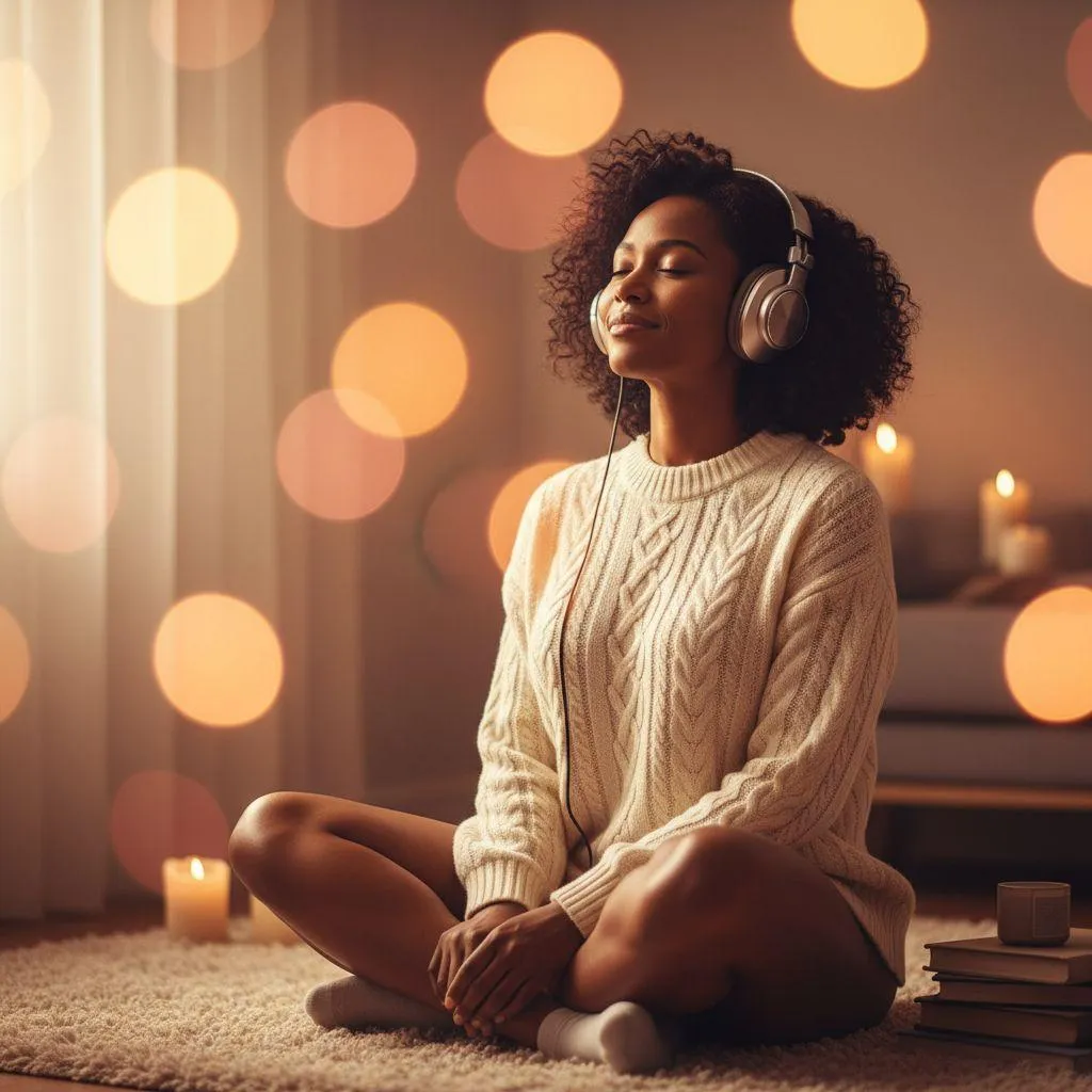 A Black woman sitting peacefully with headphones on, eyes closed, soft golden light, warm amber tones