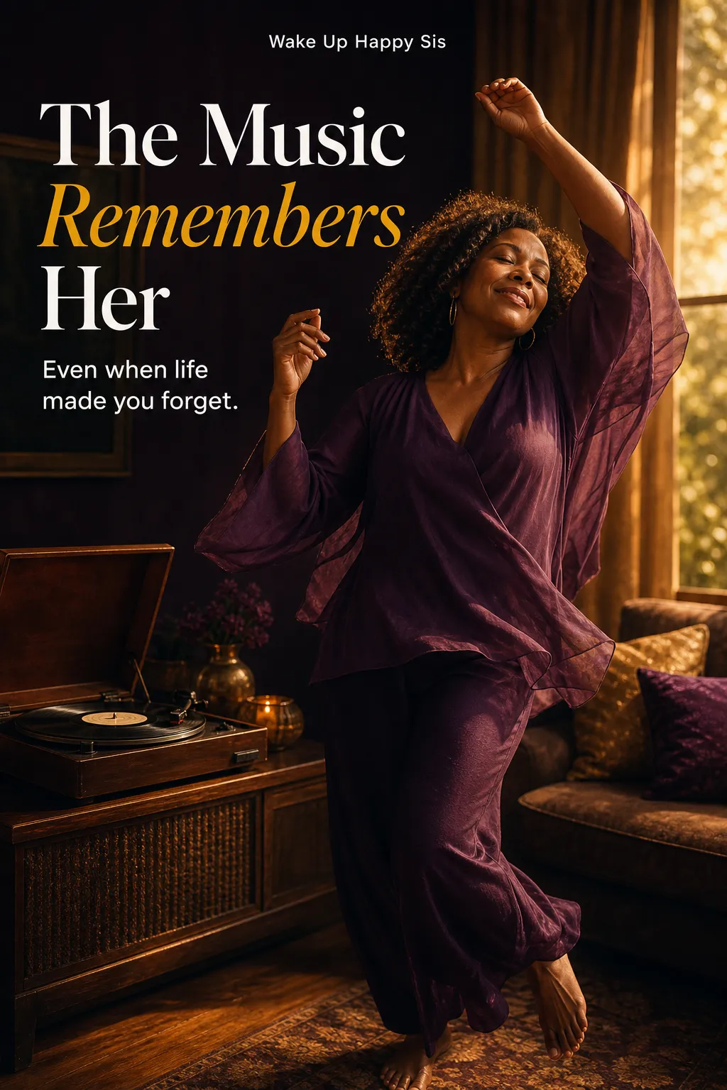 Black woman listening to music, warm golden light, remembering who she was