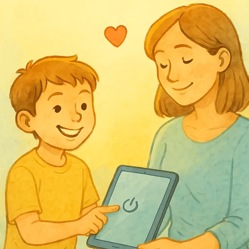 Hijo dando tablet a su madre sin discutir taller