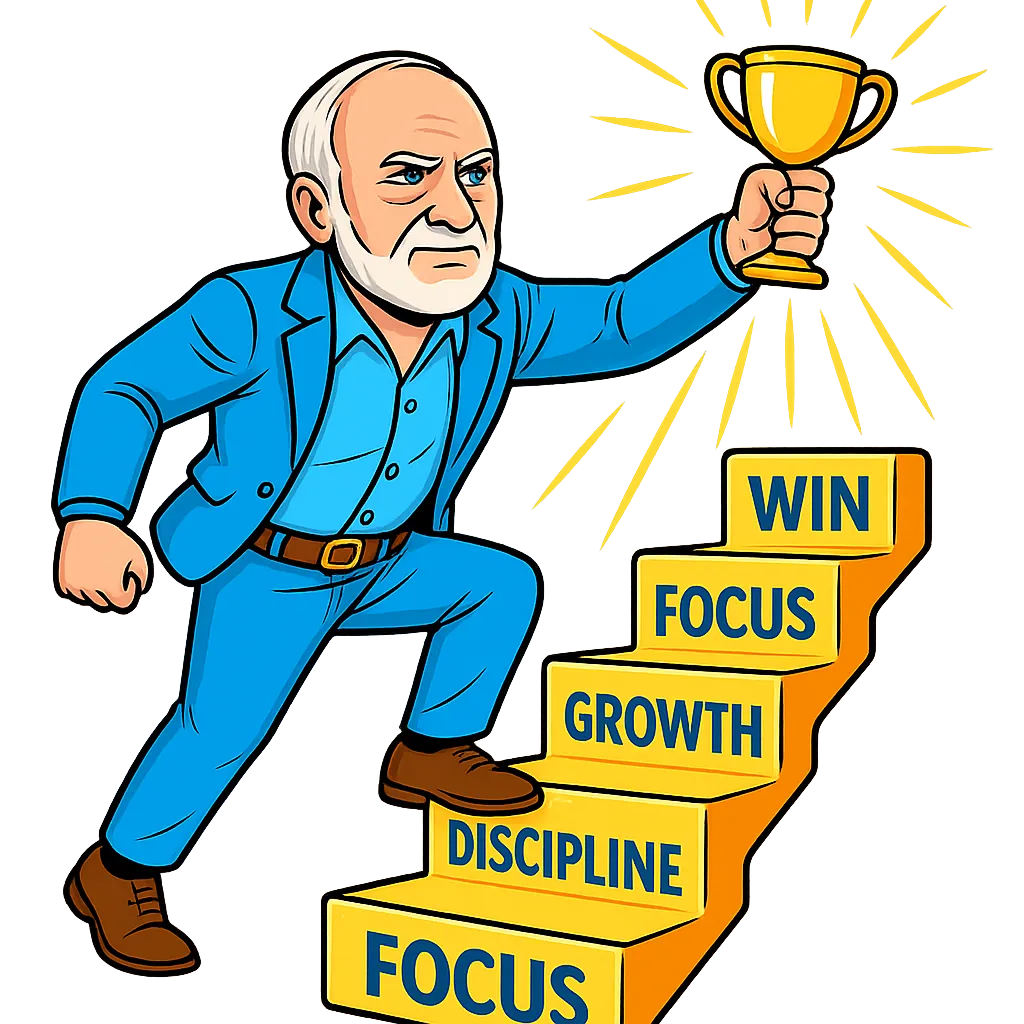 Harold Health discipline loop illustration with cartoon man in blue suit winning trophy