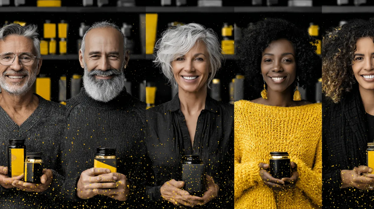 happy men and women wearing yellow and gold holding products they just bought