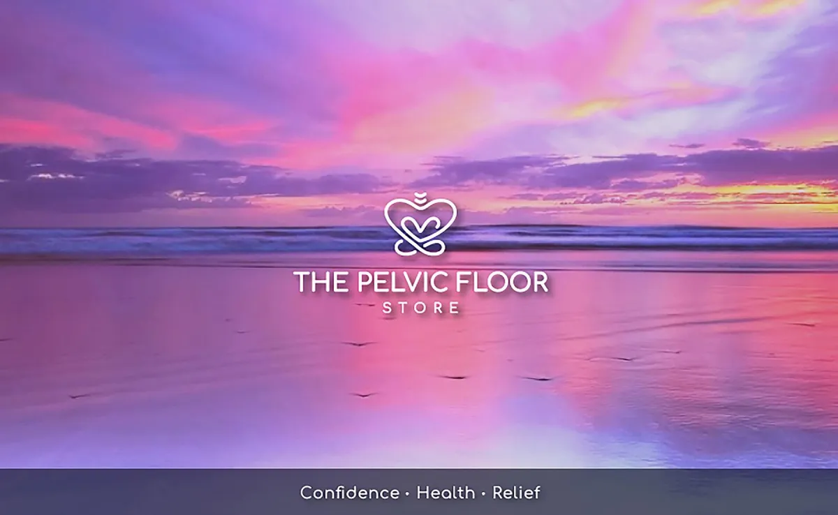 Pelvic floors store logo set on top of a pink and purple sunset or sunrise