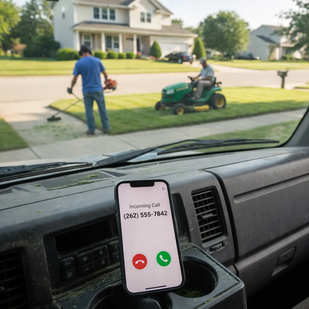 alt="Missed call from a potential customer on a smartphone inside a contractor’s truck while landscaping work is being done, showing lost leads for service businesses"