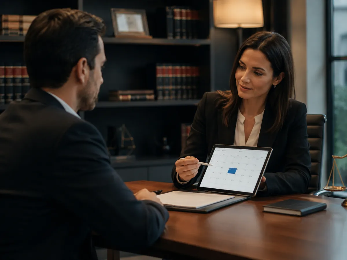 Abogado en consulta presencial cálida con un cliente