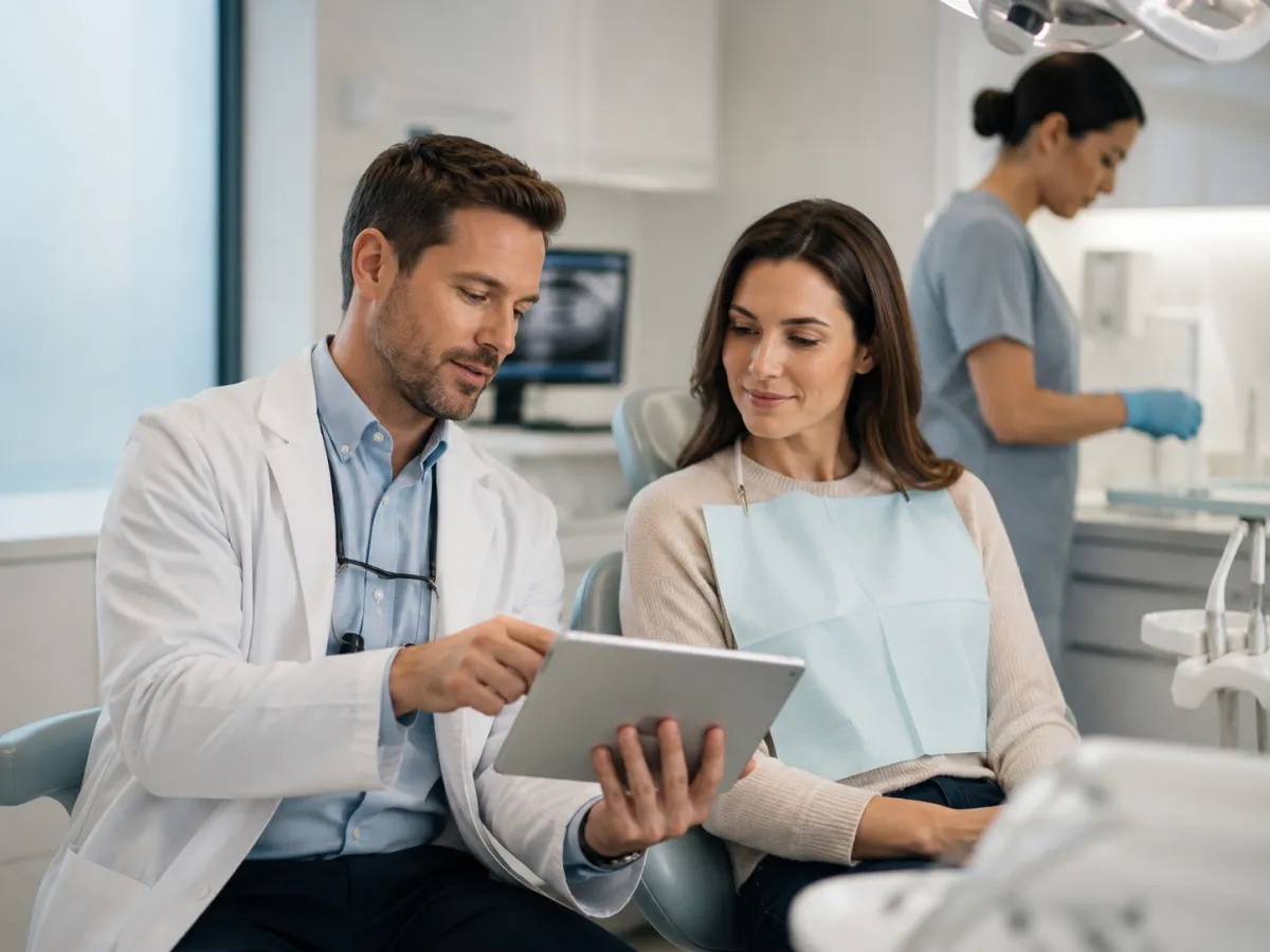Dentista sonriente atendiendo a un paciente en una clínica dental moderna