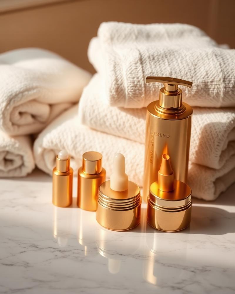 Gold spa bottles and towels