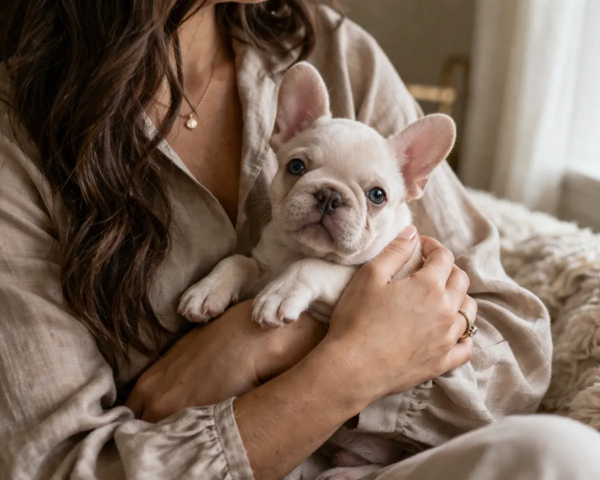 Platinum Frenchie with person