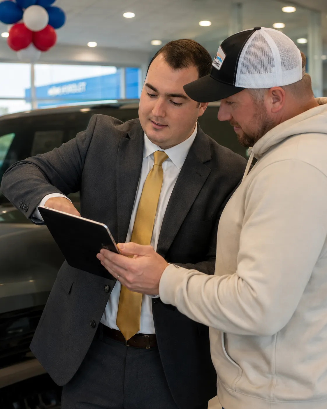 Person browsing luxury vehicles on a tablet