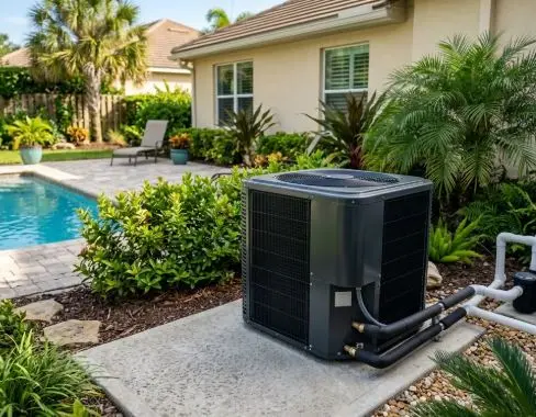 Pool heater installation beside a backyard swimming pool, completed by Canyon Lake Pool Service
