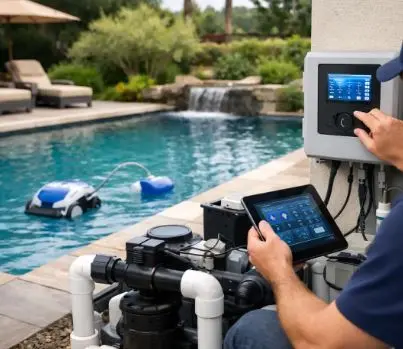 Technician programming a pool automation system on a tablet while a robotic cleaner works, set up by Canyon Lake Pool Service