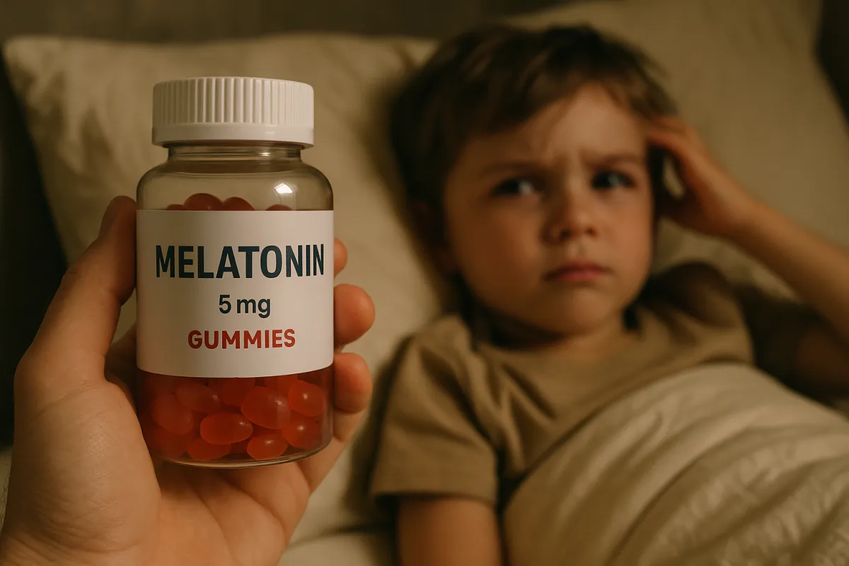 Child Sleeping Problems Looking At Melatonin Bottle
