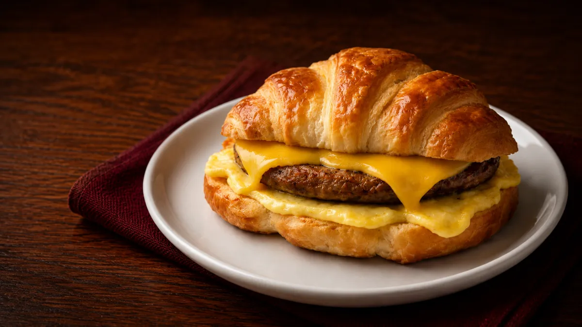 Hot sausage and egg croissant sandwich at Kitchen Pride East