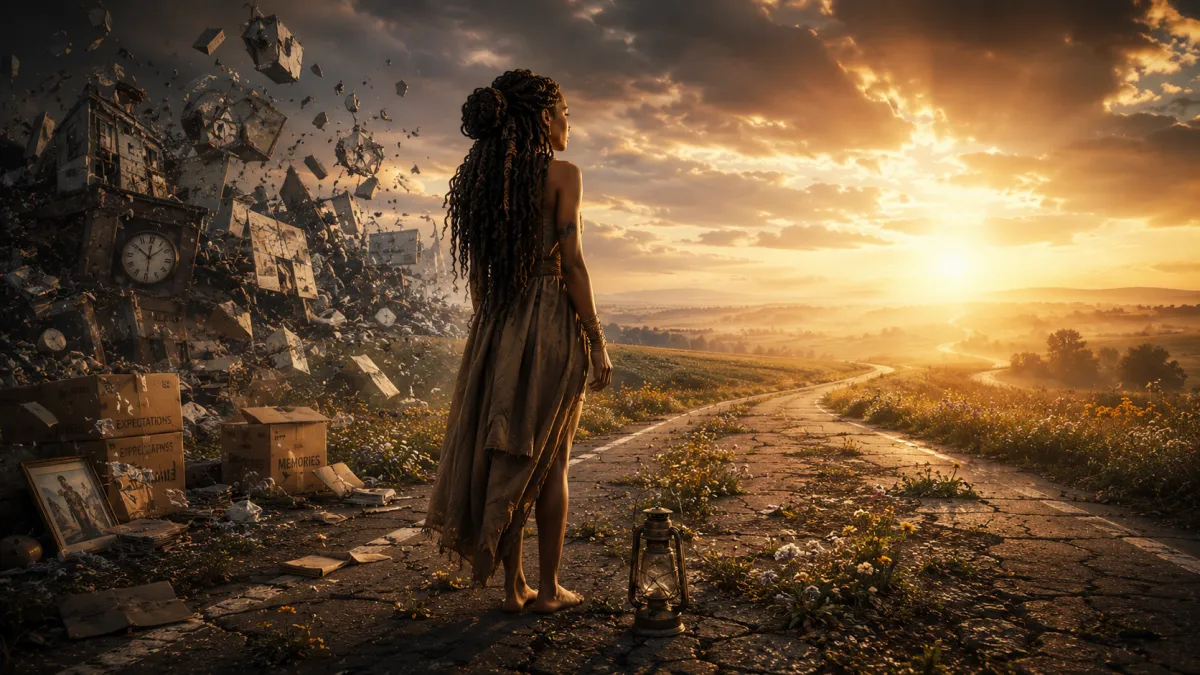 melanated woman looking into the sunlit horizon