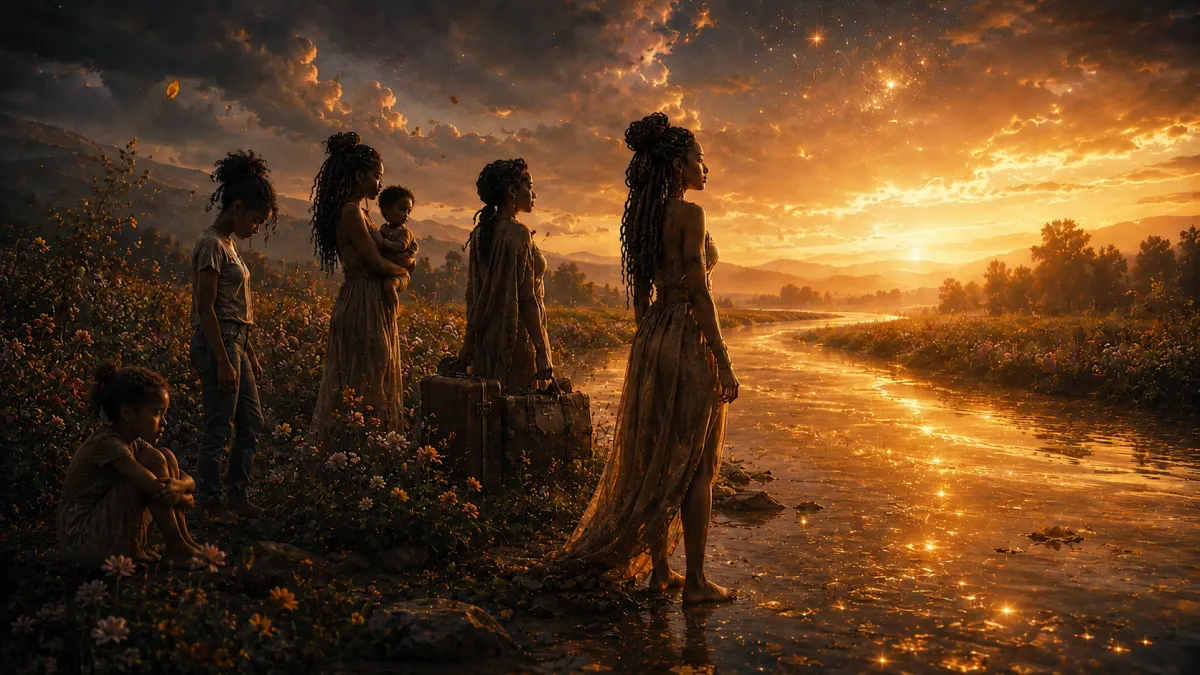 The many versions of a melanated woman standing with her staring out into the sunlit valley