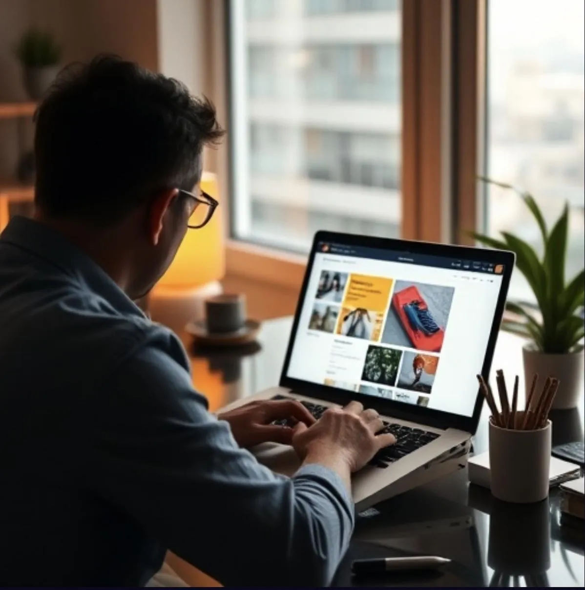 Web designer creating a website layout on a computer for Breeze Fusion Media.