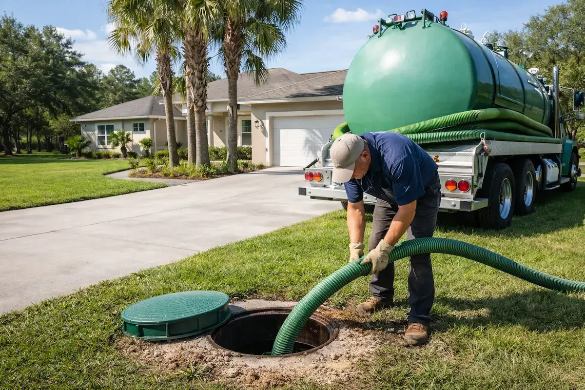 Septic tank pumping service in Ocala Florida with technician cleaning residential system