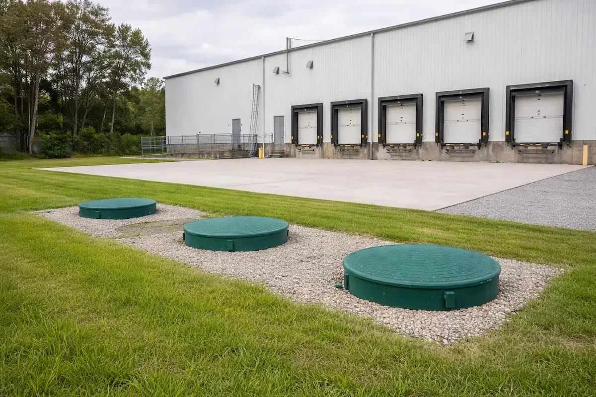 Commercial septic system in Ocala Florida with multiple tank access lids at industrial property
