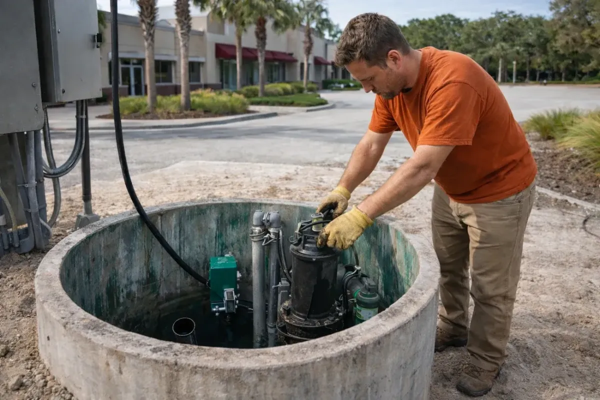 Septic lift station service in Ocala Florida with technician maintaining pump system
