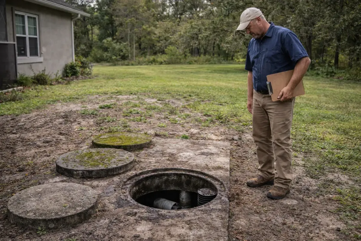 Septic inspection in Ocala Florida with technician evaluating open tank at residential property